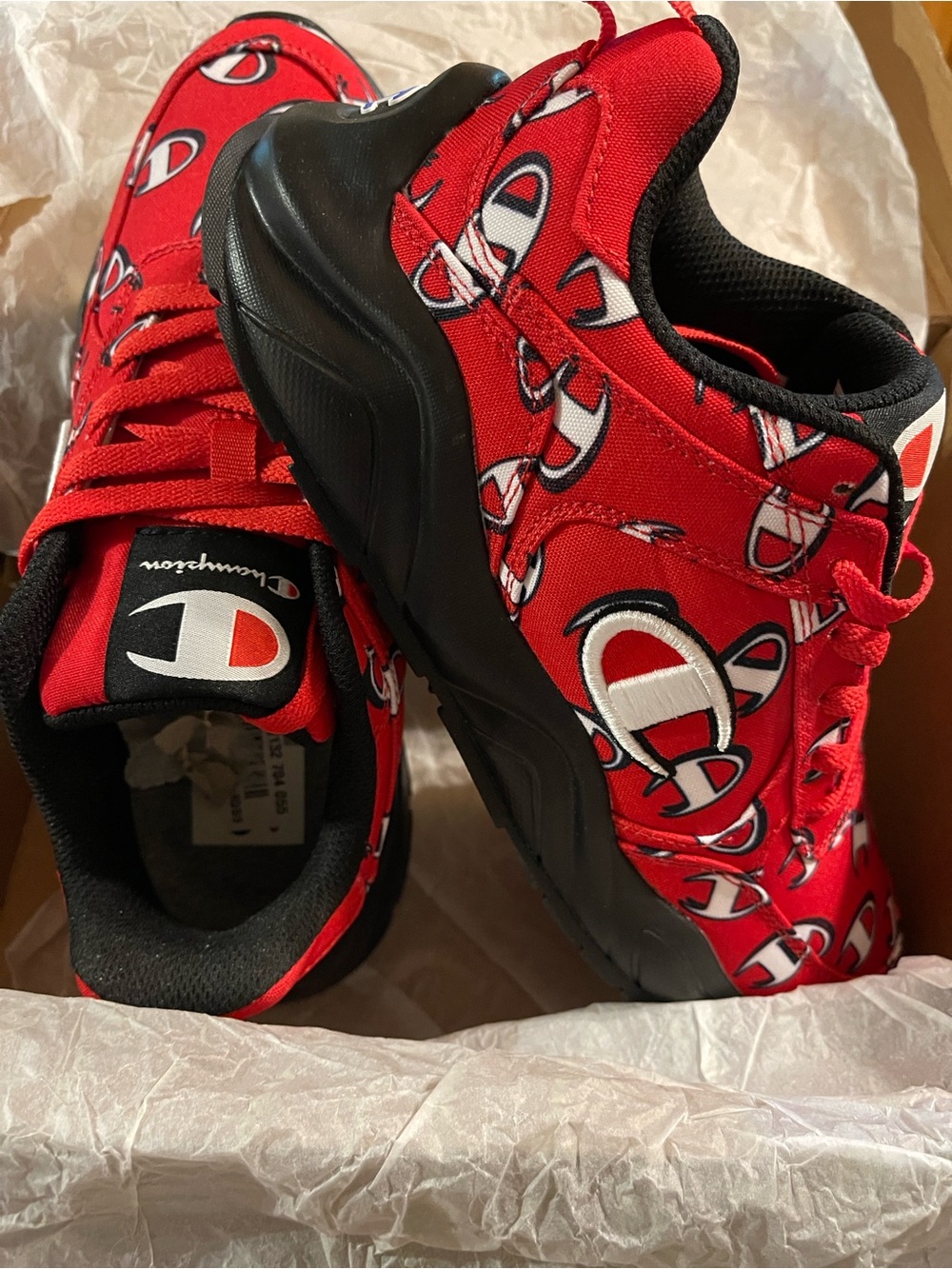 Champion Kids Red Logo Pattern Sneakers with Black Soles